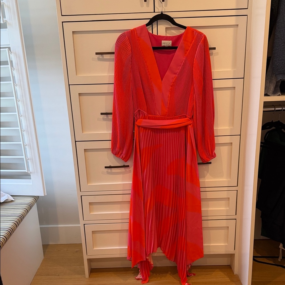 Milly Coral-Pink Pleated Wrap Midi Dress